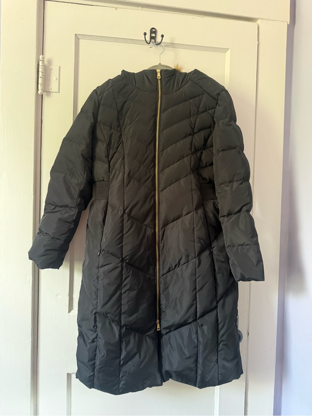 Cole Haan Black Quilted Long Puffer with Gold Zipper